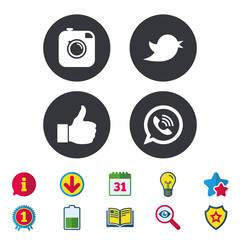 Poster - Hipster photo camera icon. Like and Call speech bubble sign. Bird symbol. Social media icons. Calendar, Information and Download signs. Stars, Award and Book icons. Light bulb, Shield and Search
