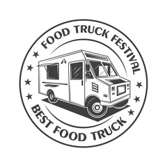 Food truck festival vintage logo,label, badge, or emblem in monochrome style