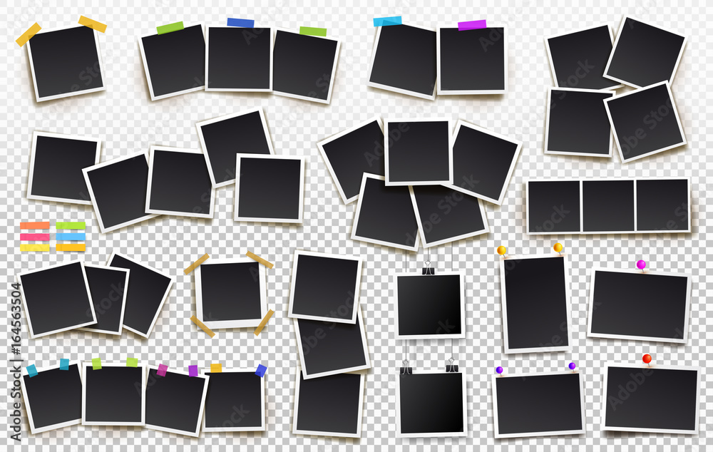 Big set of square vector photo frames on sticky tape, pins and rivets. Vertical and horizontal template photo design. Vector illustration. Isolated on transparent background - obrazy, fototapety, plakaty 