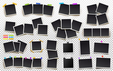 Big Set Of Square Vector Photo Frames On Sticky Tape, Pins And Rivets. Vertical And Horizontal Template Photo Design. Vector Illustration. Isolated On Transparent Background