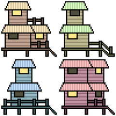 Sticker - vector pixel art set wood house