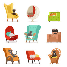 Cute Different Cats Characters Lying And Resting On Armchairs Set Of Vector Illustrations