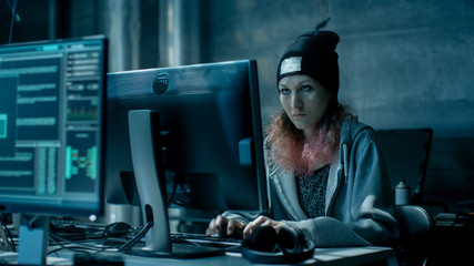 Aufkleber - Nonconformist Teenage Hacker Girl Attacks and Hacks Corporate Servers with Virus. Room is Dark, Neon and Has Many Displays and Cables.