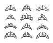 Vector tiara set. Beautiful queen tiaras or princess crown silhouettes for wedding cards and vignettes