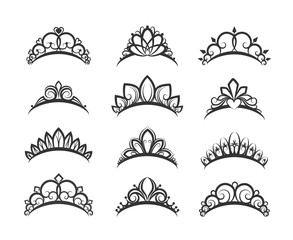 vector tiara set. beautiful queen tiaras or princess crown silhouettes for wedding cards and vignett