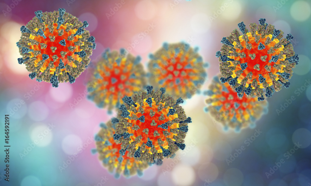 Measles viruses. 3D illustration showing structure of measles virus with surface glycoprotein spikes heamagglutinin-neuraminidase and fusion protein - obrazy, fototapety, plakaty 