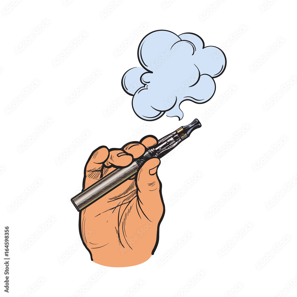 Male hand holding e-cigarette, electronic cigarette, vapor with smoke  coming out, sketch vector illustration isolated on white background. Drawing  of hand holding electronic cigarette, vapor and smoke Stock Vector | Adobe  Stock