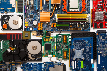 Poster - Computer microcircuits and hdd disassembled close up