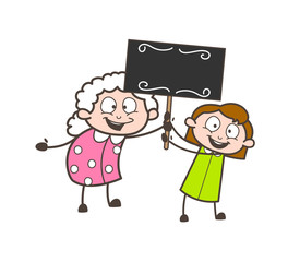 Wall Mural - Cartoon Granny with Little Girl Holding a Placard Vector Illustration