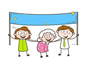 Wall Mural - Cartoon Granny with Kids Holding a Banner Vector Illustration