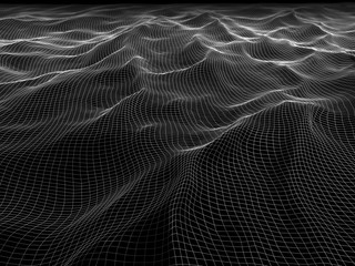 Wall Mural - 3d illustration of wireframe waves mesh. Abstract landscape. Geometric black background.