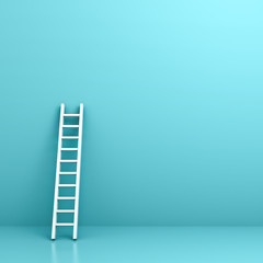 Fototapete - White ladder on light blue wall background with reflection and shadow . 3D rendering.