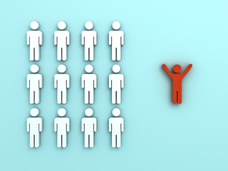 Poster - Stand out from the crowd and different concept , One red man standing with arms wide open isolated from other people on light green pastel color background with reflections and shadows . 3D rendering.