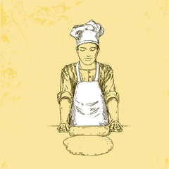 Cook rolls out the dough.Vintage style. Vector illustration.