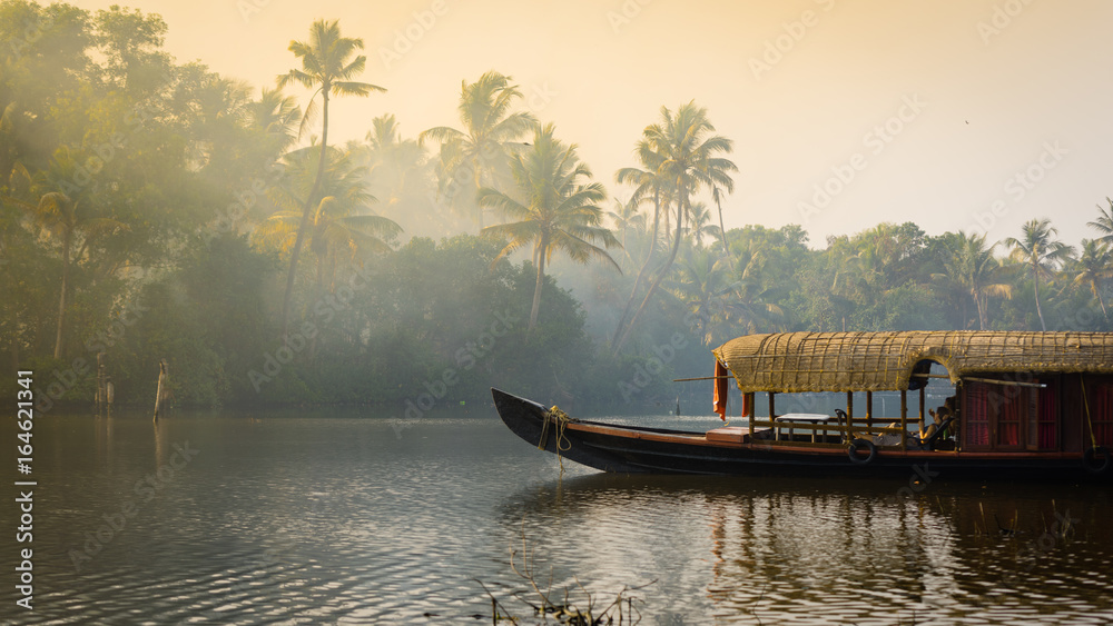 A traditional house boat is anchored on the shores of a fishing lake in Kerala's Backwaters, India. - obrazy, fototapety, plakaty 