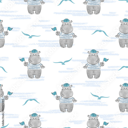 Seamless pattern with Hippo Sailor Tableau sur Toile
