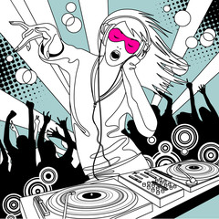 Disc jockey girl with a DJ mixer and people dancing at a party