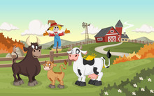Cartoon Cow, Calf And Bull. Farm Background.
