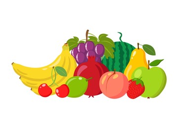 Heap of natural fruits isolated on white background. Cartoon and flat style. Vector illustration