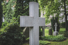 Stone Cross Gravestones On Cemetery - Graveyard