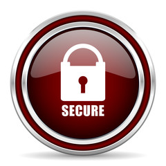 Aufkleber - Secure red glossy icon. Chrome border round web button. Silver metallic pushbutton.