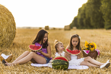 Young happy children sitting on the field, eating watermelon. Summer vacation.