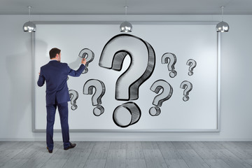 Poster - Businessman drawing question marks sketch on a board 3D rendering