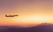 Travel Concept Background, Airplane In Sunset Sky, International Flight