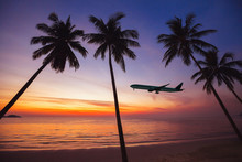 Airplane Taking Off At Sunset, Holidays On Tropical Island Concept, Flight, Beach Travel