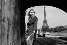 Fashion Woman In Paris, Girl Model Near Eiffel Tower, Shopping, Black And White Photo