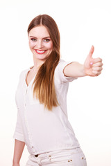 Happy positive brunette woman showing thumb up