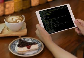 Fototapete - Developer Team Working Laptop Computer Mobile Application Softwareand Web Design Online Technology Content script to display