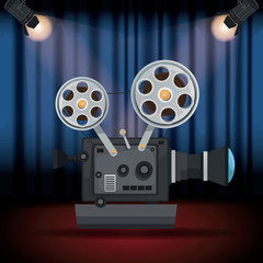 Sticker - color background stage cinema curtain with spotlights and movie film projector