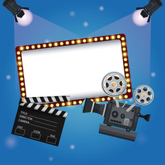 Sticker - color background billboard banner with clapperboard and movie film projector