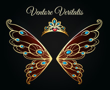 Wings And Tiara Princess Jewelry Gold Logo. Luxury Jewellery Diamond Fashion Vector Emblem