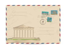 Parthenon Temple On Acropolis, Athens, Greece. Ancient Antique Amphitheater. Postal Envelope With Famous Architectural Composition, Postage Stamps And Postmarks Vector Illustration. Postal Services