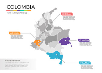 Colombia map infographics vector template with regions and pointer marks