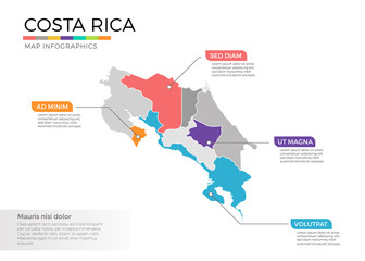  Costa rica map infographics vector template with regions and pointer marks