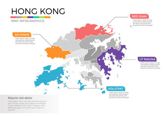  Hong Kong map infographics vector template with regions and pointer marks