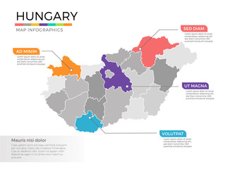  Hungary map infographics vector template with regions and pointer marks