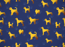 Horizontal Card. Pattern With Yellow Gold Dogs On Dark Blue Background With Paws. Different Breeds.