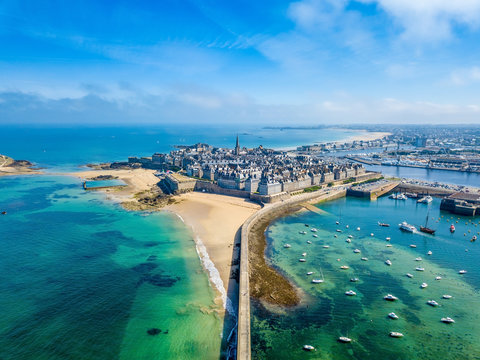 aerial view of the beautiful city of privateers - saint malo in brittany, france