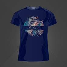 Original Print For T-shirt. Blue T-shirt With Fashionable Design - Picturesque Coral Reef. Vector Illustration