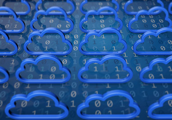 Wall Mural - Cloud computing concept. Blue cloud shape on a binary code background. 3D Rendering