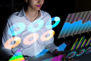 Poster - latina businesswoman looking at various business information.