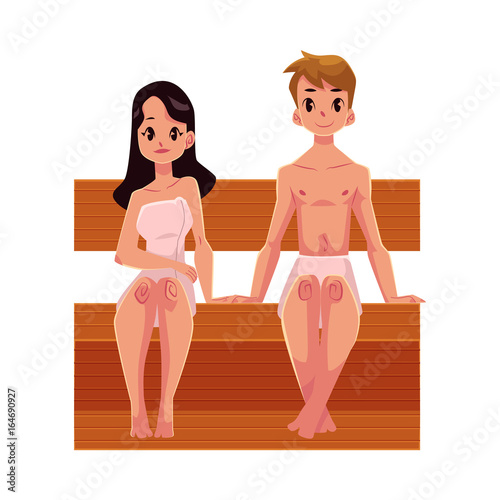 Young Man And Woman Relaxing In Wooden Steam Sauna Cartoon Vector Illustration Isolated On White Background Front View Portrait Of Young Couple Sitting In Wooden Sauna Relaxing In Wellness Spa Buy