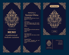 Vector Illustration Of A Menu For A Restaurant Or Cafe Indian Oriental Cuisine, Business Cards And Vouchers. Hand-drawn Gold Pattern On A Dark Background. Logos Lotus Flower.
