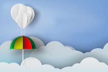 Wall Mural - paper art of white balloon and colorful umbrella rainy season on blue sky background,vector