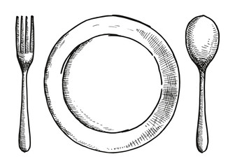 fork spoon and a plate of hand-drawing. cutlery vector illustration