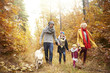 © gpointstudio - Family of four people walking a dog in forest
